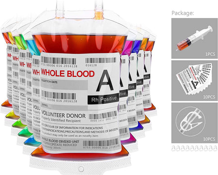 Blood Bags for Drinks, 10 IV Bags for Halloween Party Decoration, Reusable Drink Pouch for Live Blood of Theme Parties, Masquerade,Vampire,Zombie,Nurse Graduation Party Props